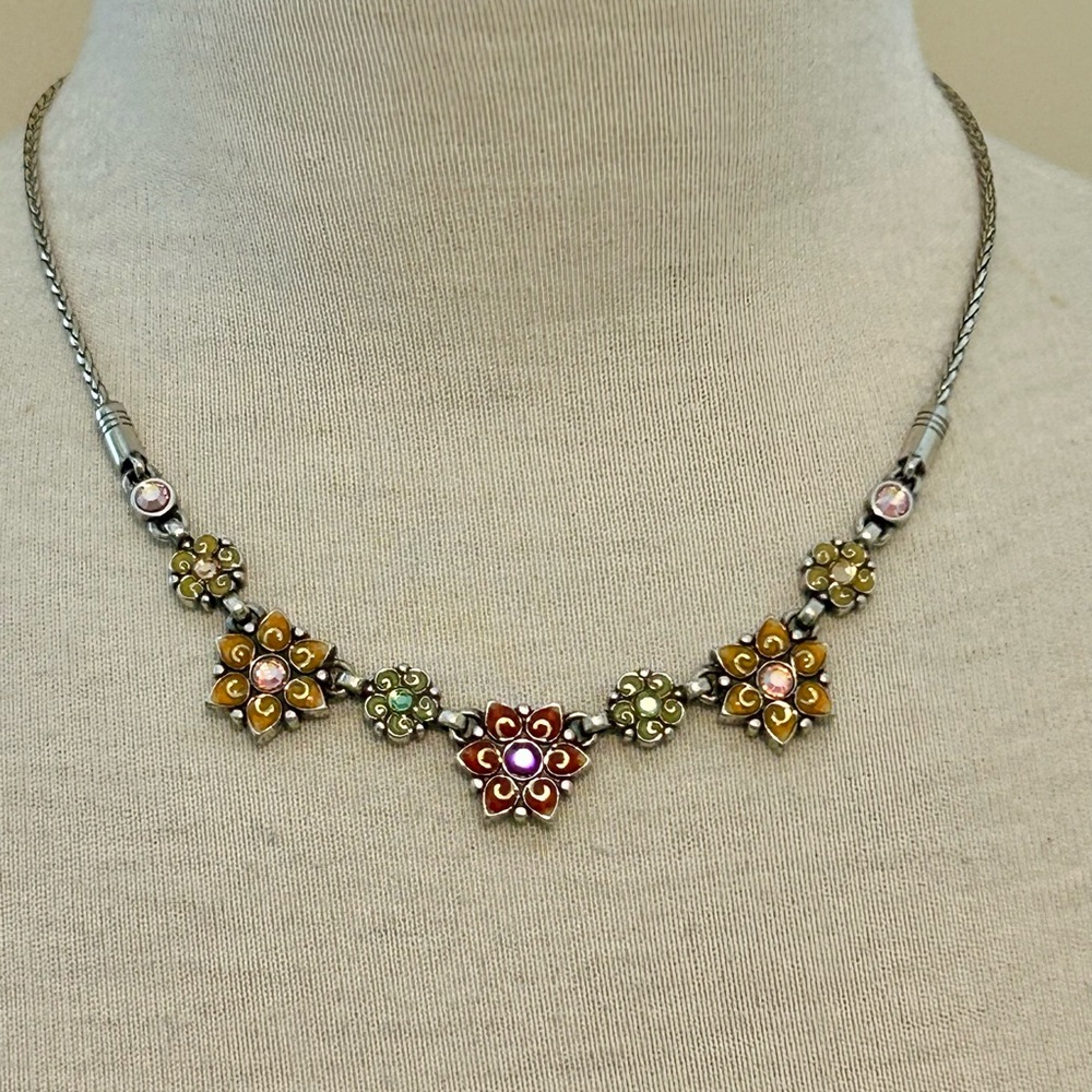 Brighton Adjustable Silver Floral Multicolor Necklace - Jewel Tones